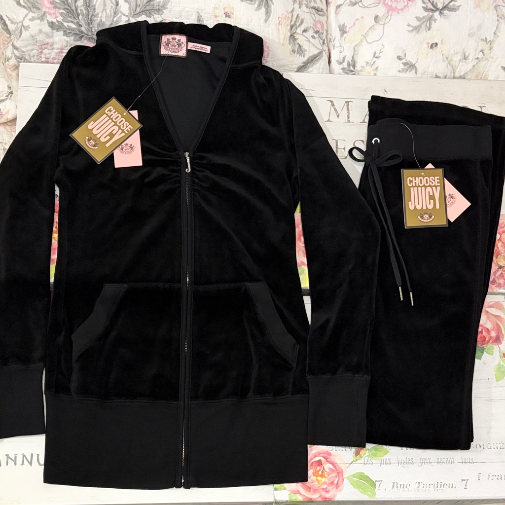 Aso Nwt Y2k Vintage Juicy Couture Black Velour Tracksuit Med Jacket/Sm Pant!